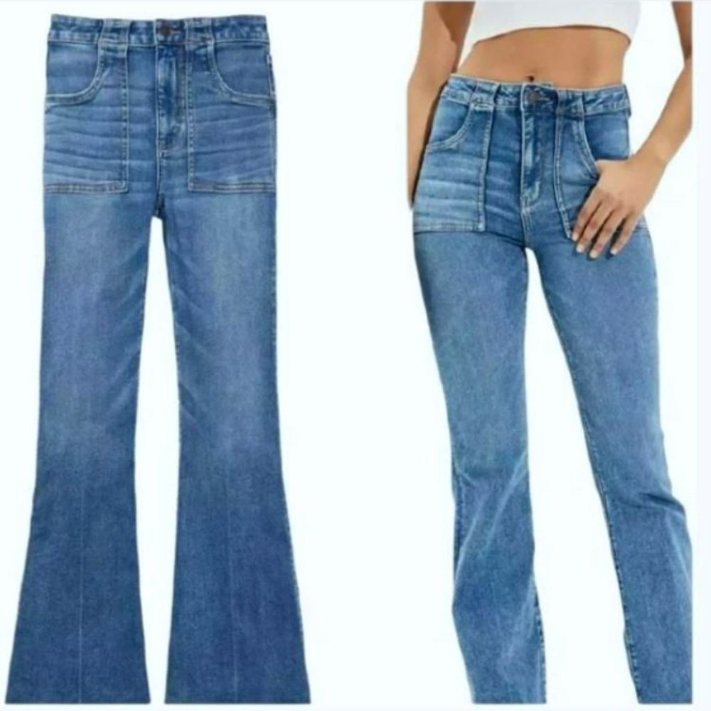 AMERICAN EAGLE Super Hi Rise Flare Bohemian Blue Jeans Retro-Inspired Size 20